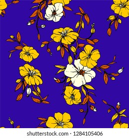 Blue tropical vector floral seamless pattern with yellow exotic flower flax leaves. Fabric texture fashion design for summer sport clothing, bikini prints. Hand drawn watercolor botanical illustration