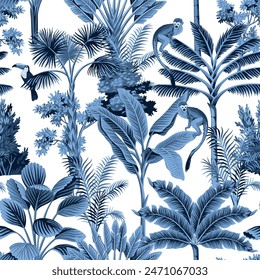 Blue tropical vintage palm trees, plants, monkey, toucan floral seamless pattern white background. Exotic jungle wallpaper.