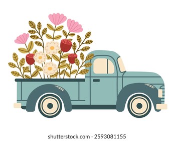 Blue truck with flowers, branches, twigs, tulips, daisies, roses, chrysanthemums. Delicate gentle cottagecore element with botanical elements. Vector illustration isolated on transparent background.
