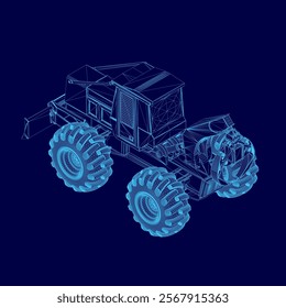 Blue truck with large tires is shown in a blue background. The truck is a large, powerful vehicle that is likely used for heavy-duty work. Concept of strength and durability