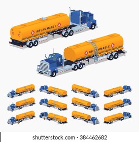 Blue truck with the orange fuel tank. 3D lowpoly isometric vector illustration. The set of objects isolated against the white background and shown from different sides