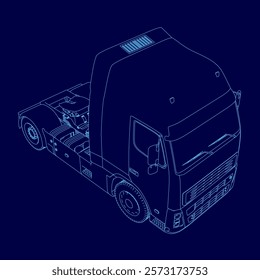 Blue truck outline. The truck is a semi truck and is shown in a blue color scheme. Isometric view