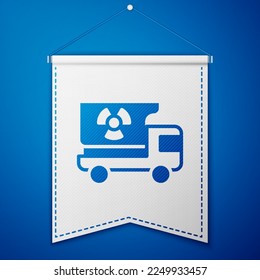 Blue Truck with radiation materials icon isolated on blue background. White pennant template. Vector