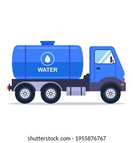 Blue Truck With A Tank For Transporting Water. Flat Vector Illustration Isolated On White Background.