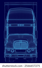 Blue truck with a trailer is shown in a stylized way. The truck is a semi truck and the trailer is a flatbed. Front view. 3D