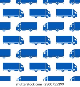 Blue trucks isolated on white background. Side view. Monochrome seamless pattern. Vector simple flat graphic illustration. Texture.