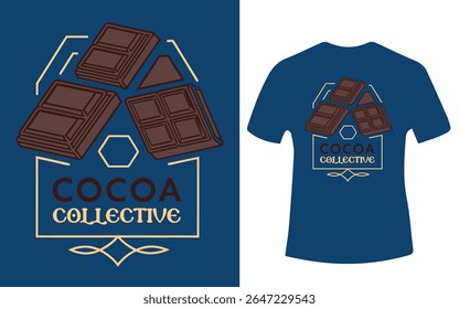 A blue t-shirt design featuring chocolate pieces arranged within a geometric frame, with the words Cocoa Collective.