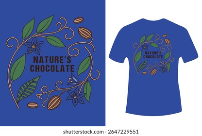 A blue t-shirt design featuring a floral pattern with cocoa beans and the words "Nature's Chocolate".