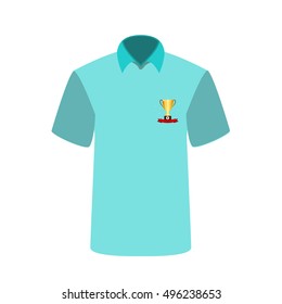 Blue T-shirt with the image of the cup for first place. Vector Illustration. EPS10