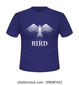 Blue t-shirt with the image of the flying white eagle, falcon, hawk. Abstract bird made in the technique small points, circles. Blue t-shirt with short sleeves with the white inscription "bird" Vector