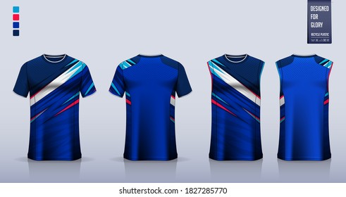 Blue t-shirt mockup, sport shirt template design for soccer jersey, football kit. Tank top for basketball jersey, running singlet. Fabric pattern for sport uniform in front view back view. Vector.