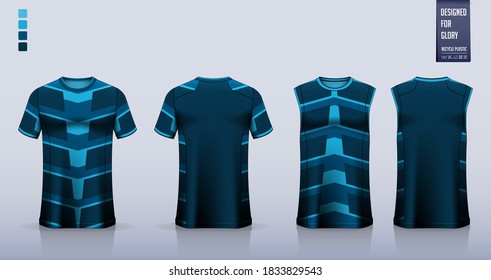 Blue t-shirt mockup, sport shirt template design for soccer jersey, football kit. Tank top for basketball jersey, running singlet. Fabric pattern for sport uniform in front view back view. Vector.