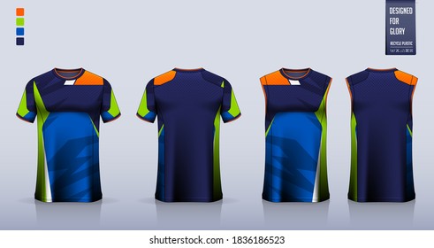 Blue t-shirt mockup, sport shirt template design for soccer jersey, football kit. Tank top for basketball jersey, running singlet. Fabric pattern for sport uniform in front view back view. Vector.