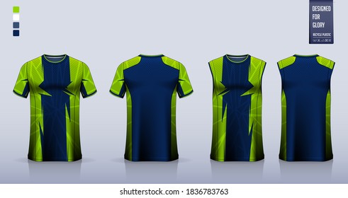 Blue t-shirt mockup, sport shirt template design for soccer jersey, football kit. Tank top for basketball jersey, running singlet. Fabric pattern for sport uniform in front view back view. Vector.