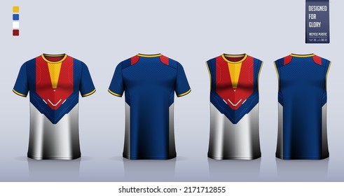 Blue t-shirt mockup, sport shirt template design for soccer jersey, football kit. Tank top for basketball jersey, running singlet. Fabric pattern for sport uniform in front , back view. Vector