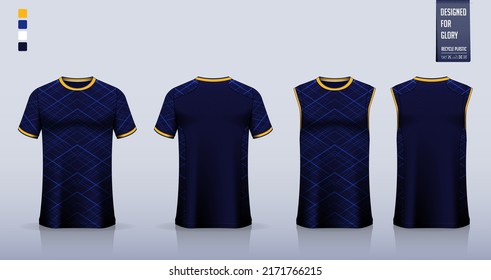 Blue t-shirt mockup, sport shirt template design for soccer jersey, football kit. Tank top for basketball jersey, running singlet. Fabric pattern for sport uniform in front , back view. Vector