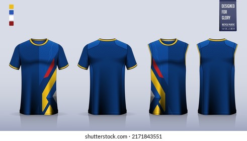 Blue t-shirt mockup, sport shirt template design for soccer jersey, football kit. Tank top for basketball jersey, running singlet. Fabric pattern for sport uniform in front , back view. Vector