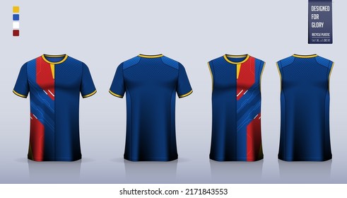 Blue t-shirt mockup, sport shirt template design for soccer jersey, football kit. Tank top for basketball jersey, running singlet. Fabric pattern for sport uniform in front , back view. Vector