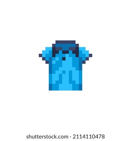 Blue t-shirt pixel art icon. Shop symbol design for logo, sticker, mobile app, website, badges and patches. 8-bit sprite. Isolated vector illustration.