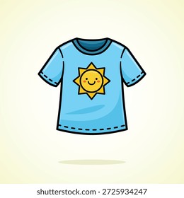 Camiseta Azul com um Sol Sorridente Imagem Bonito Ícone Vetor Ilustração. Plano de fundo isolado. Estilo de Desenho Animado Plano