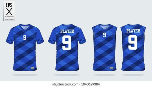 Blue t-shirt sport design template for soccer jersey, football kit and tank top for basketball jersey. Sport uniform in front and back view. Tshirt mock up for sport club. Vector Illustration.