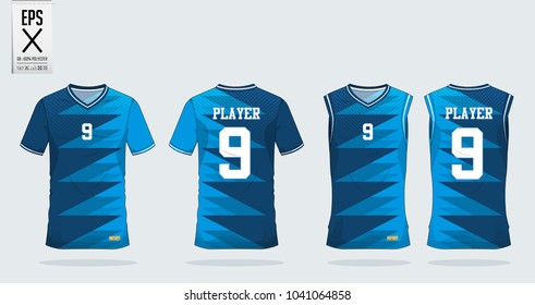 Blue t-shirt sport design template for soccer jersey, football kit and tank top for basketball jersey. Sport uniform in front and back view. Tshirt mock up for sport club. Vector Illustration.