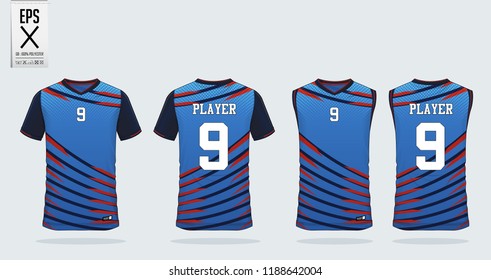 Blue t-shirt sport design template for soccer jersey, football kit. Tank top for basketball jersey. Sport uniform in front and back view. Sport shirt mock up for sport club. Vector Illustration.