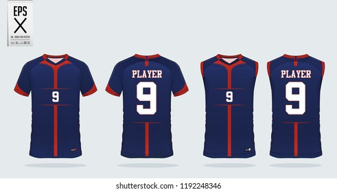 Blue t-shirt sport design template for soccer jersey, football kit. Tank top for basketball jersey. Sport uniform in front and back view. Sport shirt mock up for sport club. Vector Illustration.