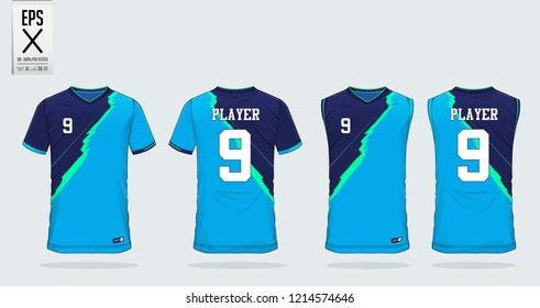 Blue t-shirt sport design template for soccer jersey, football kit and tank top for basketball jersey. Sport uniform in front and back view. Sport shirt mock up for sport club. Vector Illustration.