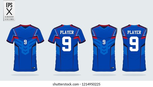 blue t-shirt sport design template for soccer jersey, football kit and tank top for basketball jersey. Sport uniform in front and back view. Sport shirt mock up for sport club. Vector Illustration.