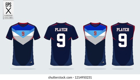 blue t-shirt sport design template for soccer jersey, football kit and tank top for basketball jersey. Sport uniform in front and back view. Sport shirt mock up for sport club. Vector Illustration.