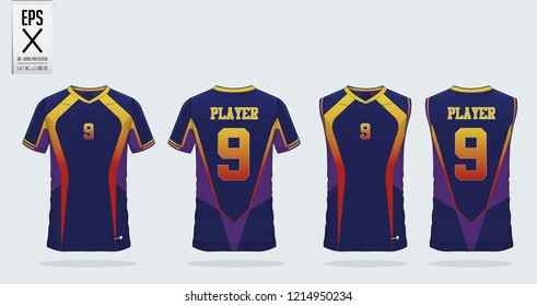 Blue t-shirt sport design template for soccer jersey, football kit and tank top for basketball jersey. Sport uniform in front and back view. Sport shirt mock up for sport club. Vector Illustration.