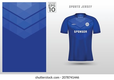 Blue t-shirt sport design template with triangle pattern for soccer jersey. Sport uniform in front view. Tshirt mock up for sport club. Vector Illustration.