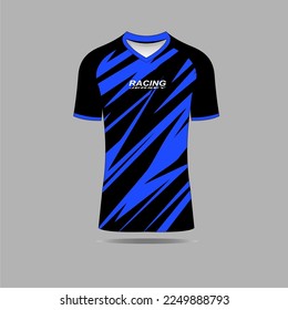 Blue t-shirt sport design template for soccer jersey, football kit and tank top for basketball jersey. Sport uniform in front and back view. Tshirt mock up for sport club. Vector Illustration.