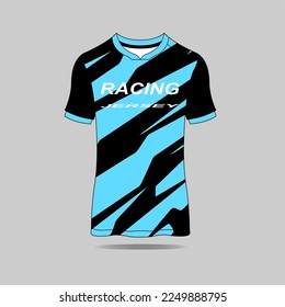 Blue t-shirt sport design template for soccer jersey, football kit and tank top for basketball jersey. Sport uniform in front and back view. Tshirt mock up for sport club. Vector Illustration.