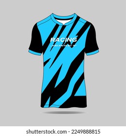 Blue t-shirt sport design template for soccer jersey, football kit and tank top for basketball jersey. Sport uniform in front and back view. Tshirt mock up for sport club. Vector Illustration.