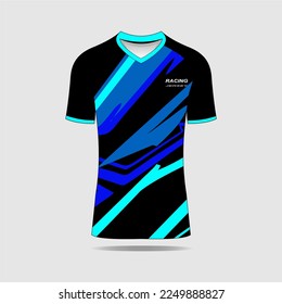 Blue t-shirt sport design template for soccer jersey, football kit and tank top for basketball jersey. Sport uniform in front and back view. Tshirt mock up for sport club. Vector Illustration.