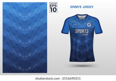 Blue t-shirt sport design template with geometric line and halftone pattern for soccer jersey. Sport uniform in front view. Tshirt mockup for sport club. Vector Illustration.