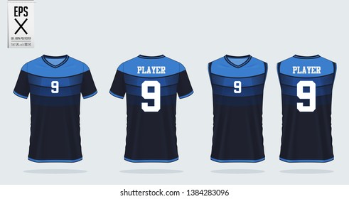 Blue T-shirt sport mockup template design for soccer jersey, football kit and tank top for basketball jersey. Sport uniform in front and back view. Sport shirt template for club. Vector Illustration.