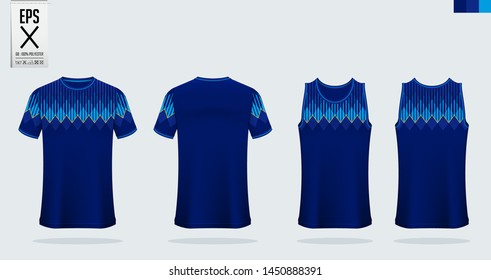 Blue T-shirt sport mockup template design for soccer jersey, football kit, tank top for basketball jersey and running singlet. Sport uniform in front and back view.  Vector Illustration.