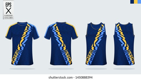 Blue T-shirt sport mockup template design for soccer jersey, football kit, tank top for basketball jersey and running singlet. Sport uniform in front and back view.  Vector Illustration.