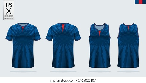 Blue t-shirt sport mockup template design for soccer jersey, football kit, tank top for basketball jersey and running singlet. Sport uniform in front view and back view.  Vector Illustration.