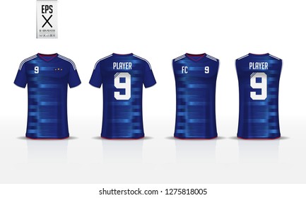 Blue t-shirt sport template design for soccer jersey, football kit and tank top for basketball jersey. Sport uniform in front and back view. Sport shirt mock up for sport club. Vector Illustration.
