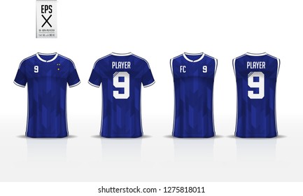 Blue t-shirt sport template design for soccer jersey, football kit and tank top for basketball jersey. Sport uniform in front and back view. Sport shirt mock up for sport club. Vector Illustration.