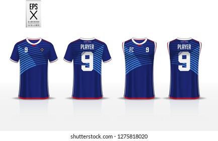 Blue t-shirt sport template design for soccer jersey, football kit and tank top for basketball jersey. Sport uniform in front and back view. Sport shirt mock up for sport club. Vector Illustration.