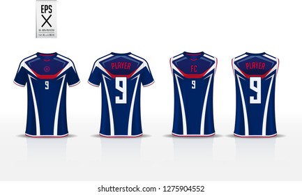 Blue t-shirt sport template design for soccer jersey, football kit and tank top for basketball jersey. Sport uniform in front and back view. Sport shirt mock up for sport club. Vector Illustration.