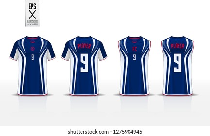 Blue t-shirt sport template design for soccer jersey, football kit and tank top for basketball jersey. Sport uniform in front and back view. Sport shirt mock up for sport club. Vector Illustration.