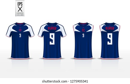 Blue t-shirt sport template design for soccer jersey, football kit and tank top for basketball jersey. Sport uniform in front and back view. Sport shirt mock up for sport club. Vector Illustration.