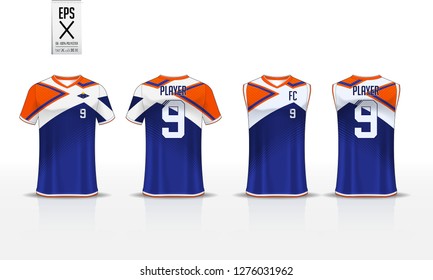 Blue t-shirt sport template design for soccer jersey, football kit and tank top for basketball jersey. Sport uniform in front and back view. Sport shirt mock up for sport club. Vector Illustration.