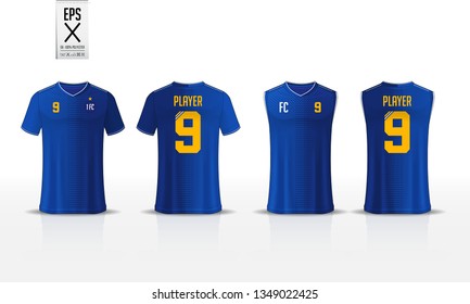 Blue T-shirt sport template design for soccer jersey, football kit and tank top for basketball jersey. Sport uniform in front and back view. Sport shirt mock up for sport club. Vector Illustration.